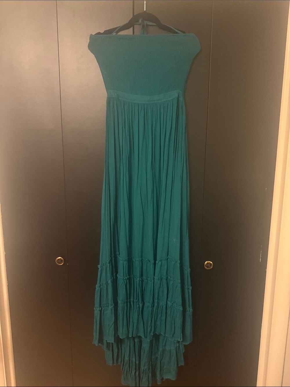 Turquoise Strapless Maxi Dress with Smocked Bodice